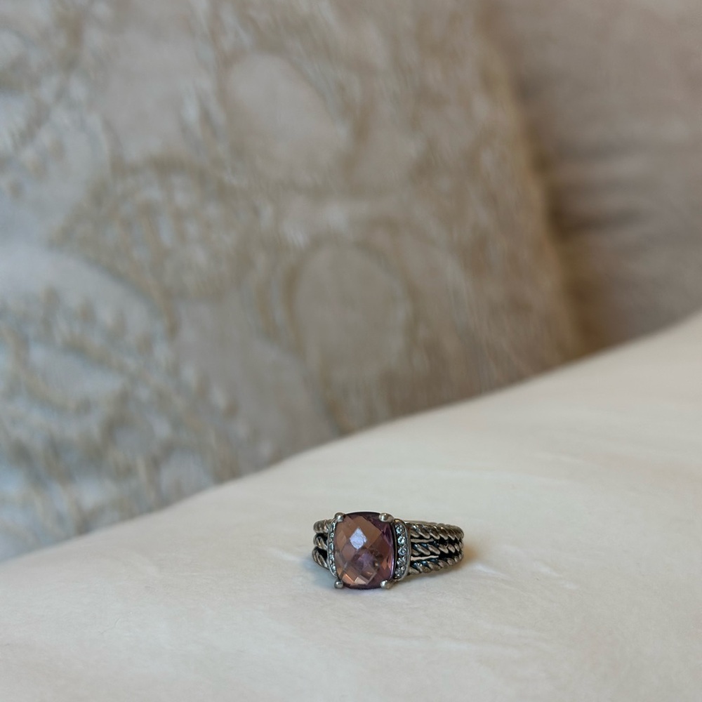 David Yurman Silver 925 Petite 10x8mm Wheaton Morganite Purple Ring Size 7